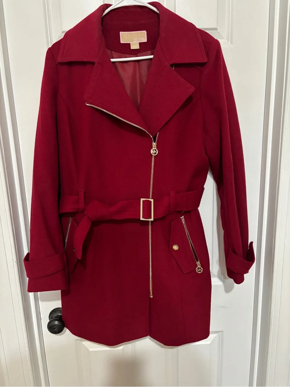 Michael Kors Red Belted Wool Trench Coat with Gold Hardware